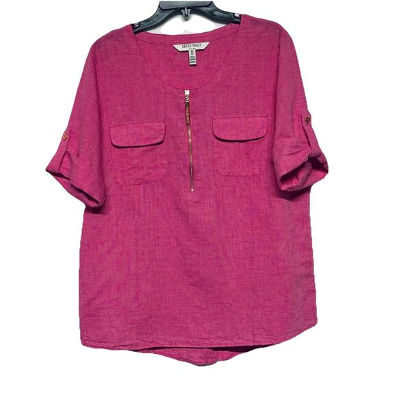 Ellen Tracy Linen Cotton Blend Top Blouse Roll Tab Sleeves 1/2 Zip Pink Size L - Picture 1 of 8